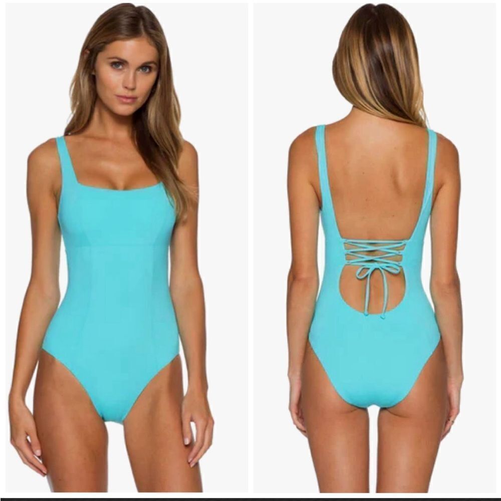 Becca Olivia One Piece Corset Square Neck Swimsuit in Sea Blue- Size Small